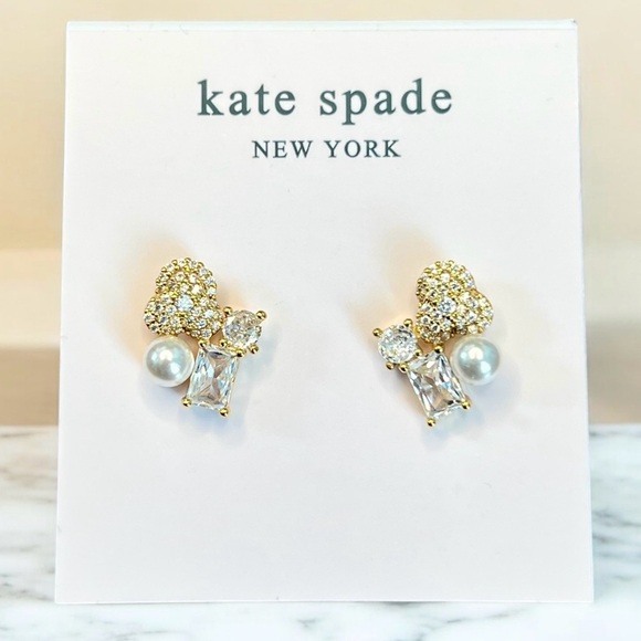 Kate Spade Cluster Earrings, Gold, Crystals, & Pearl, with Dust bag - Picture 2 of 7